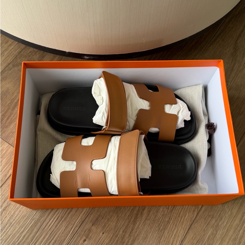 Hermès Gold Brown Leather Chypre H Slide Sandals 36.5